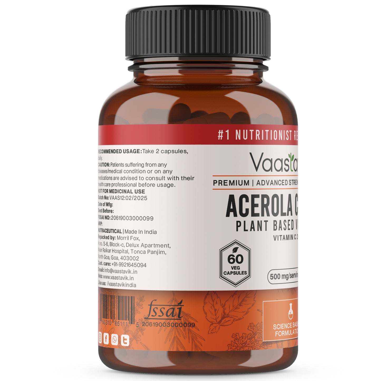 Acerola Cherry Vitamin C Plant Based 500mg 60 capsules