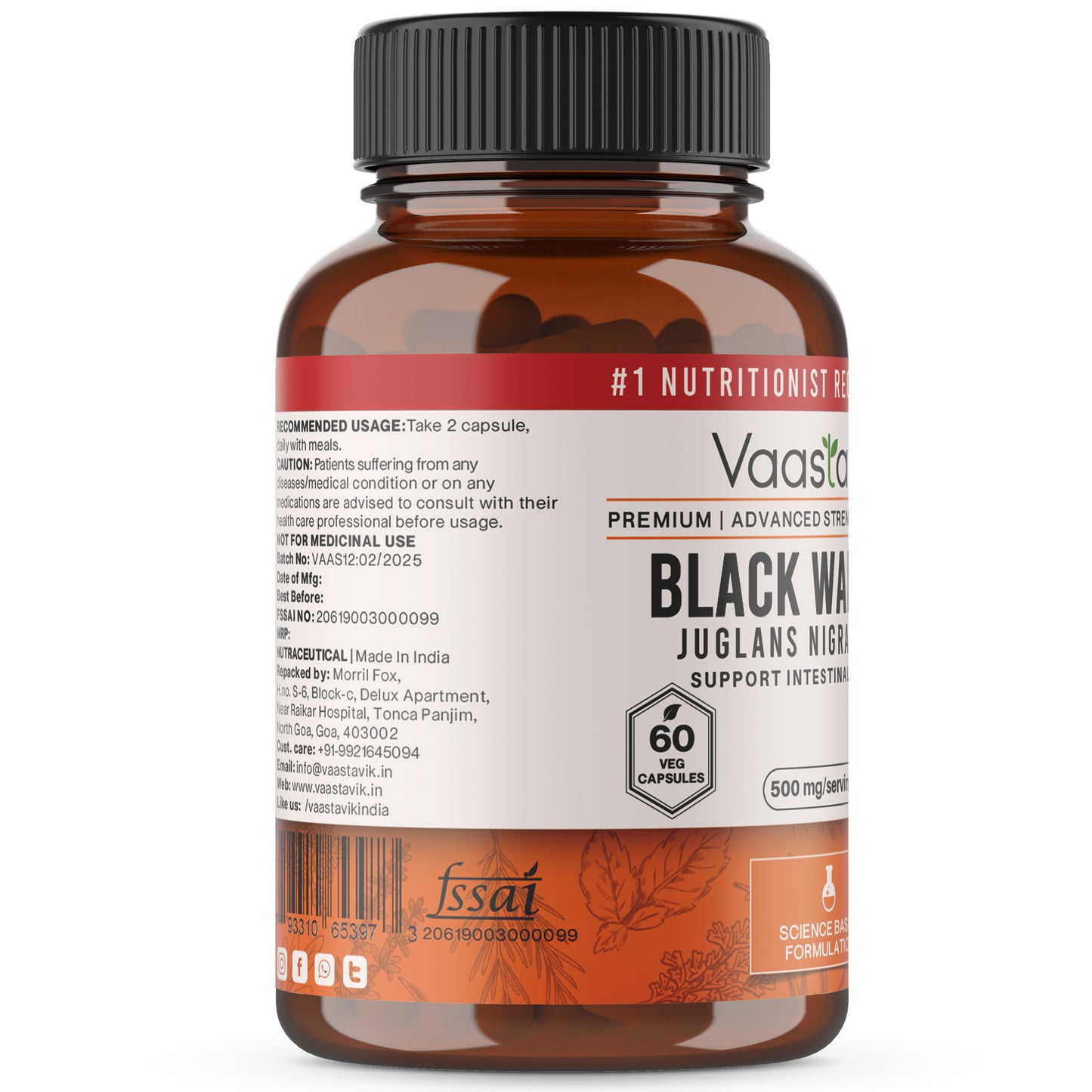 Black Walnut Hull Juglans Nigra 500 MG Vegetarian 60 Extract Capsule Supplement