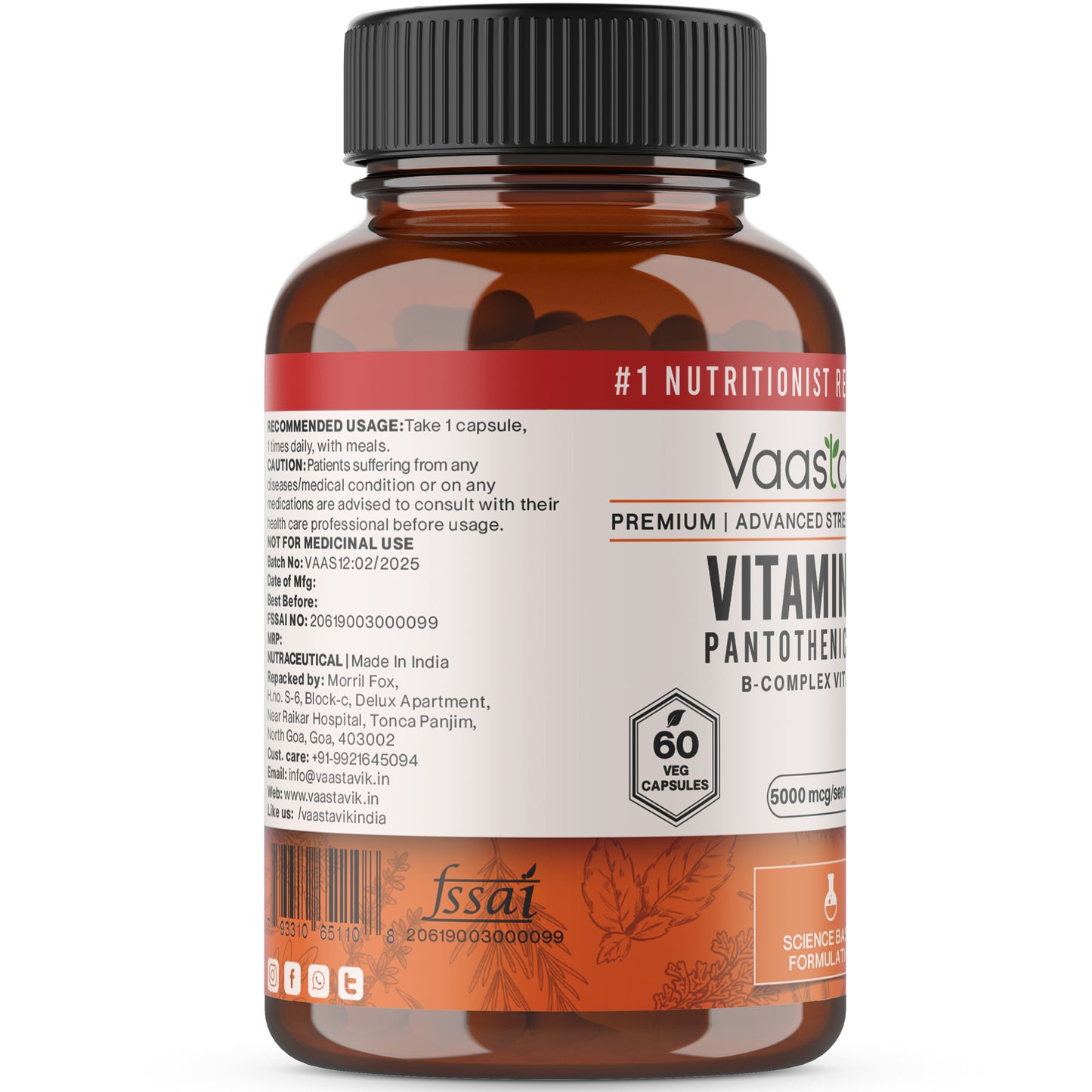 Vitamin B5 Pantothenic Acid 5000 mcg 60 Capsules