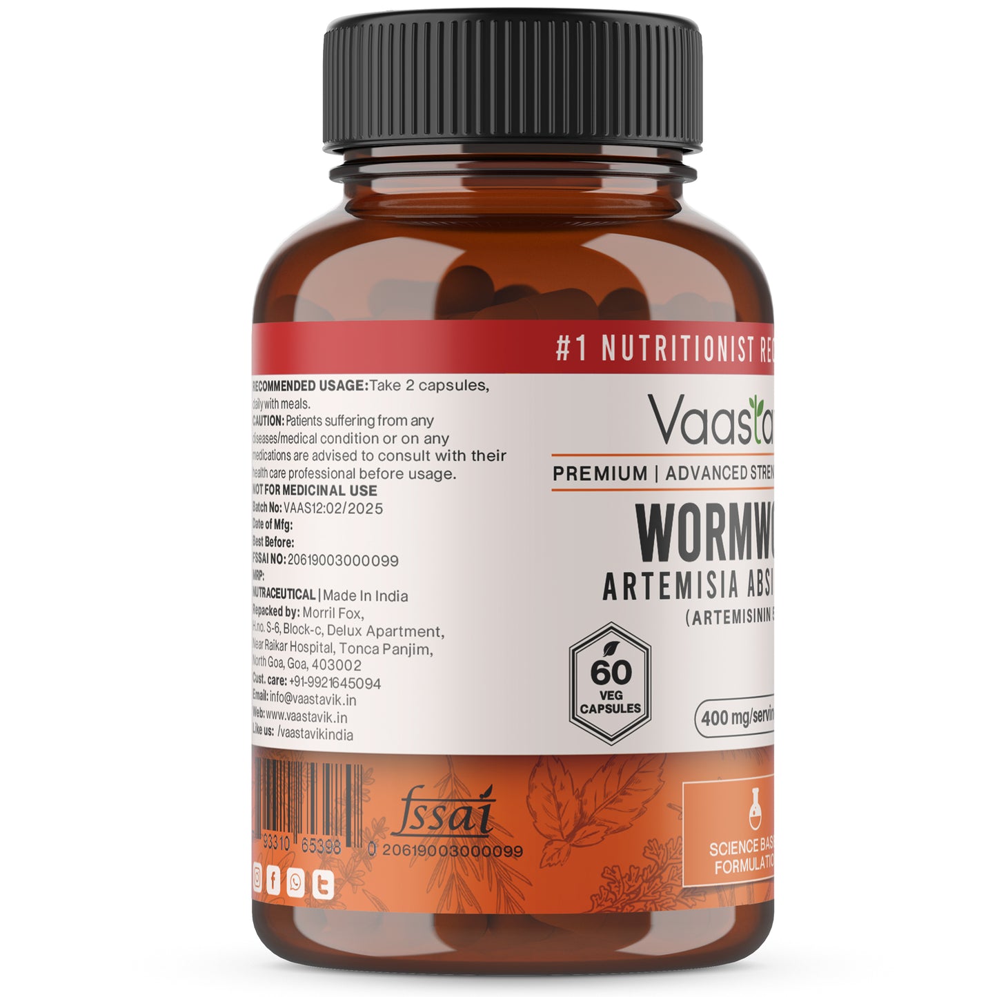 Wormwood Artemisia Absinthium 400 MG Vegetarian Capsule Extract Afsanteen(Artemisinin 5%) Supplement