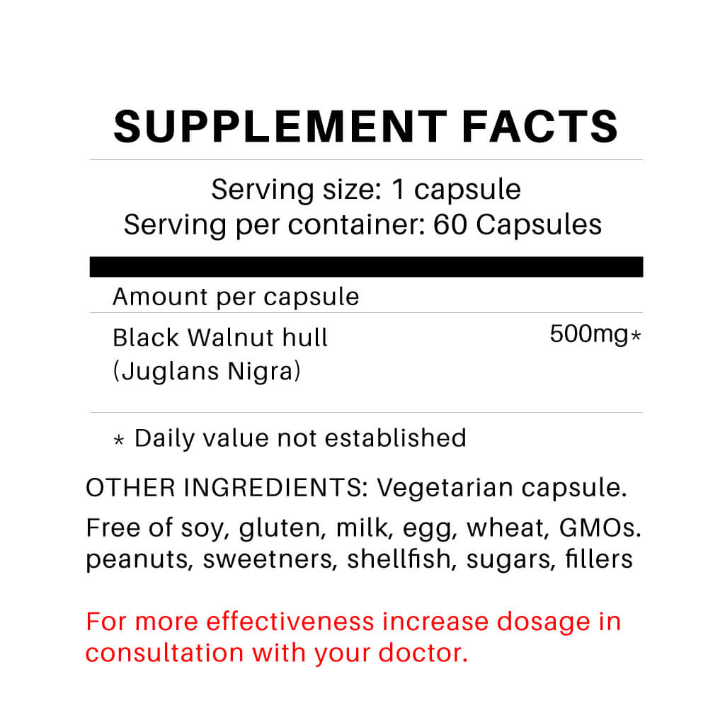Black Walnut Hull Juglans Nigra 500 MG Vegetarian 60 Extract Capsule Supplement