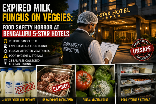 Food safety inspection at Bengaluru five-star hotels showing expired milk, fungus-affected vegetables, expired food, poor storage conditions, and an inspector conducting checks.