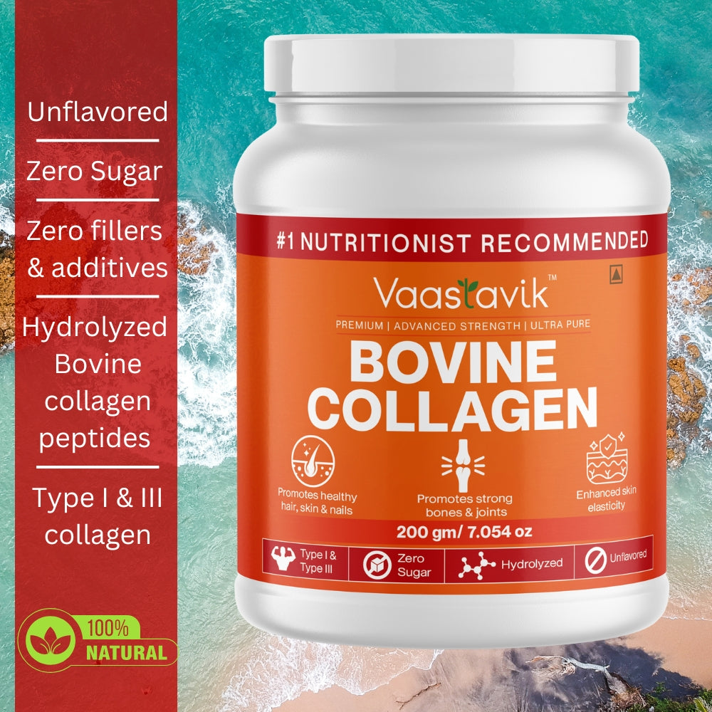 Bovine Collagen Powder Hydrolyzed Collagen Peptides Type 1 & Type 3 Grass Fed 200 gms