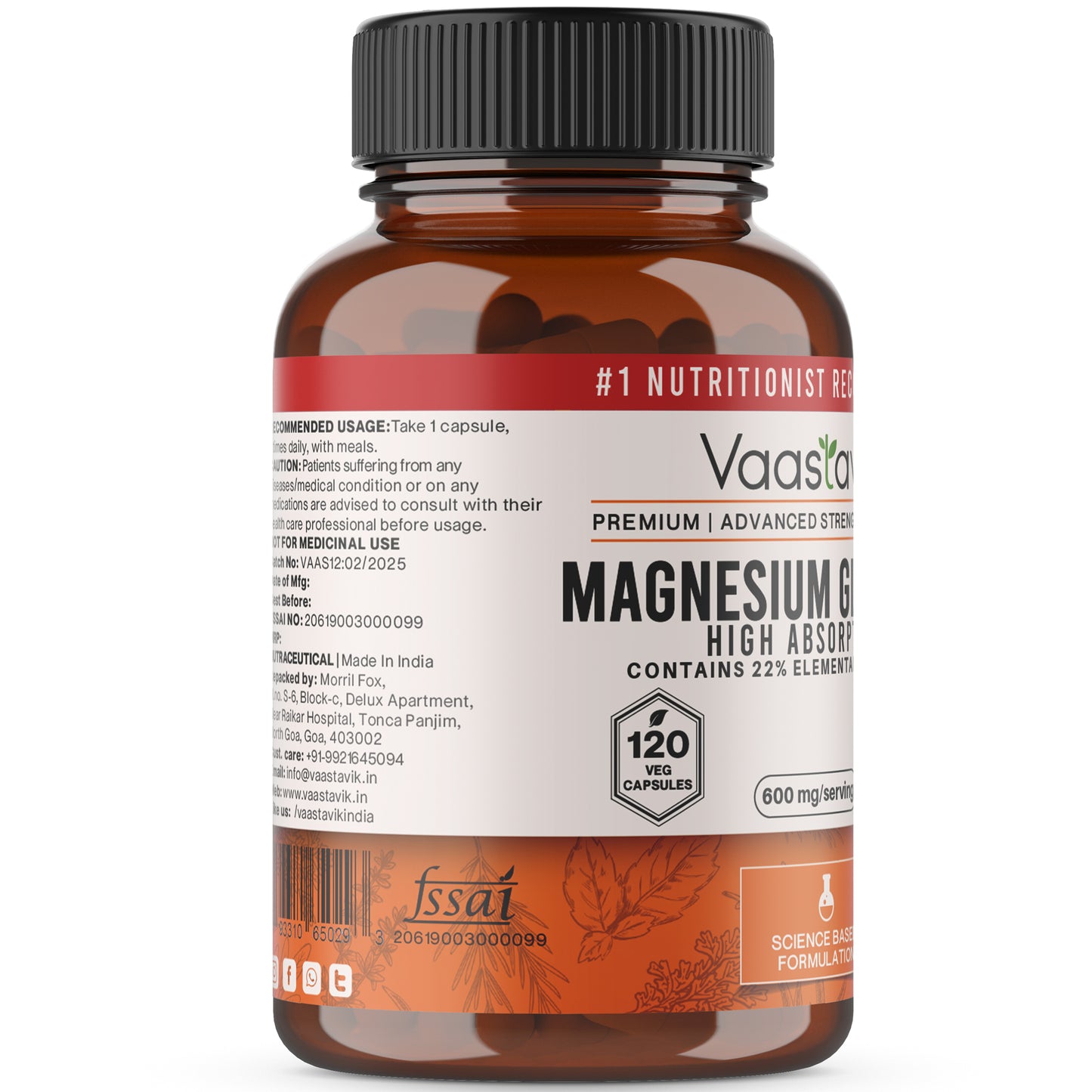 Magnesium Glycinate Supplement 120 Veg Capsules 600 mg