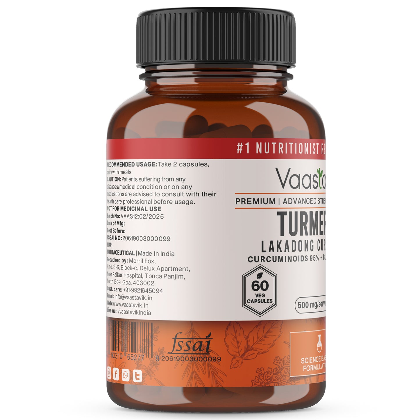 Turmeric Curcumin 95% Curcuminoids With Black Pepper Extract Capsules Supplements 500 mg