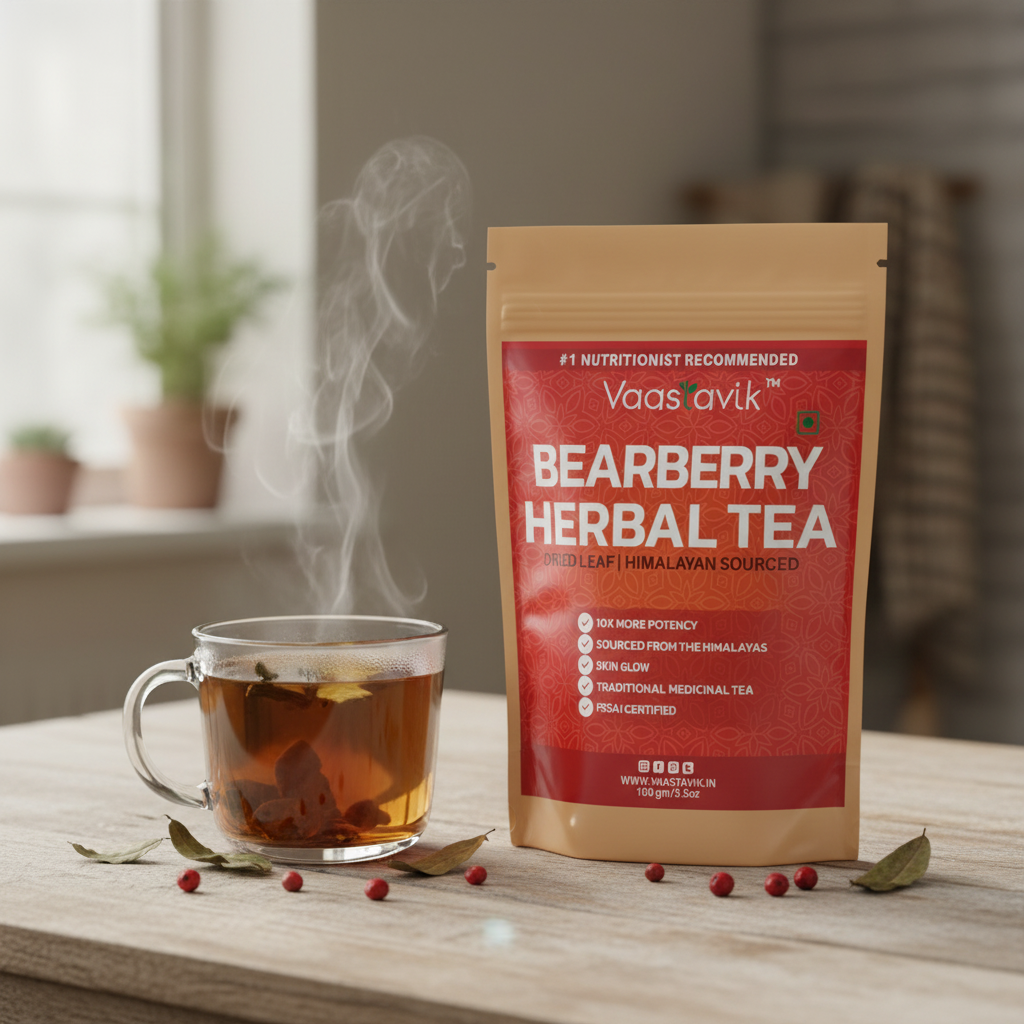 Pure Bearberry Leaf Tea lifestyle shot with steaming cup and wooden table