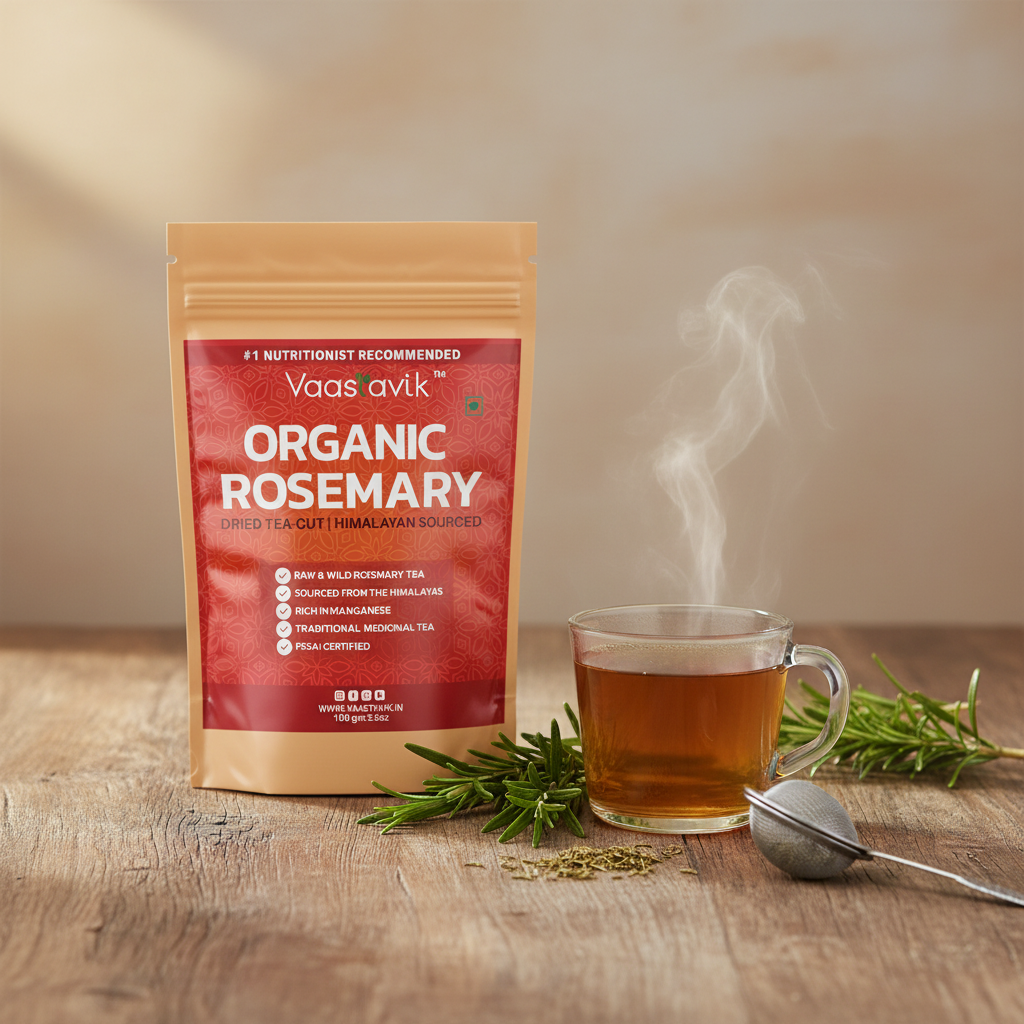 Lifestyle shot - Vaastavik Rosemary Leaf Tea on rustic wooden table with steaming cup